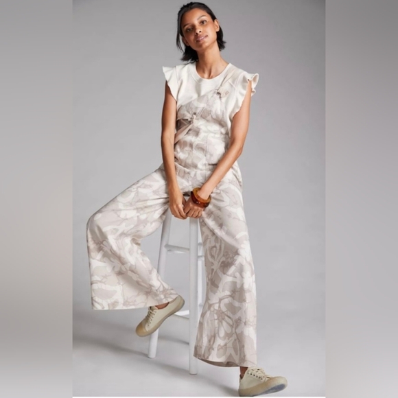 Anthropologie Maeve Wide Leg Linen Printed Tie Overalls Ivory Beige Flower - Picture 4 of 10